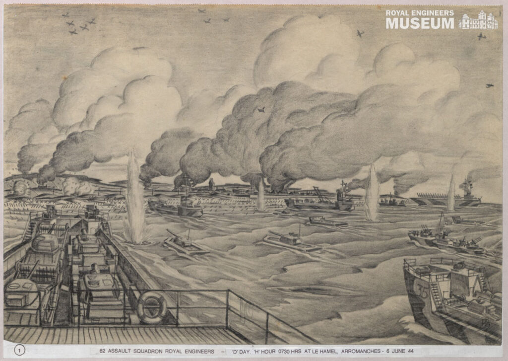 The first of Birkin Harward's wartime art pieces, this sketch shows the approach to the Normandy beaches. Smoke and steam billows into the sky and artillery shells fire at the approaching ships.