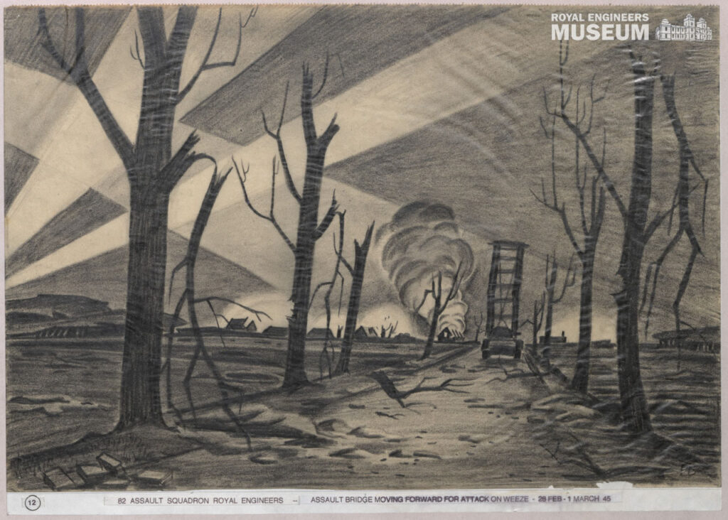 This sketch shows events in late February 1945. 82 Squadron are approaching Weeze in North-West Germany equipped with AVREs (Armoured Vehicle Royal Engineers).