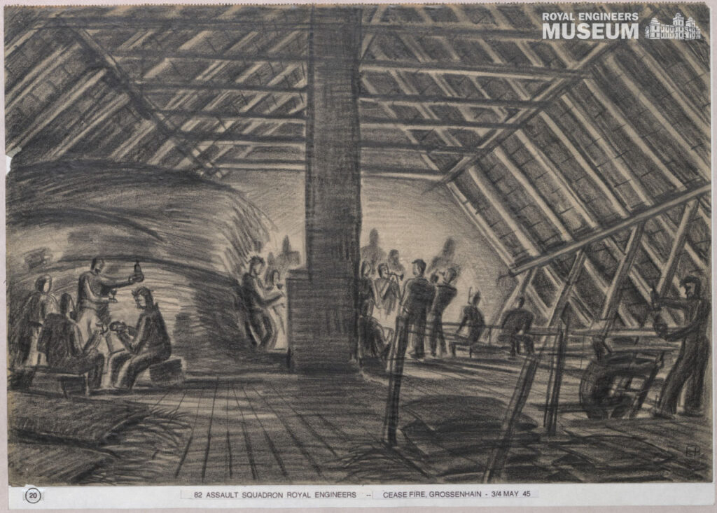 One of the last wartime art pieces shows 82 Assault Squadron resting and waiting for the ceasefire in a timber-framed barn. 