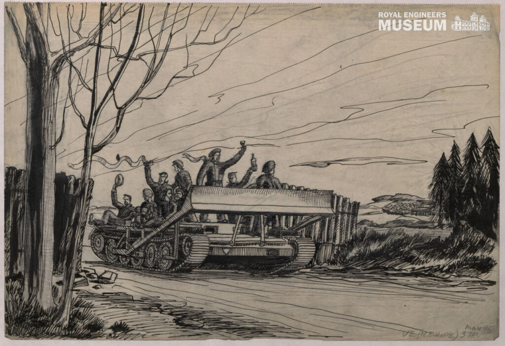 The style of this sketch is more like a modern cartoon. Several members of the squadron ride in an AVRE which has a plough on the front. They appear to be flying flags and raising glasses and a small caption reads 'VE, N. Europe'.